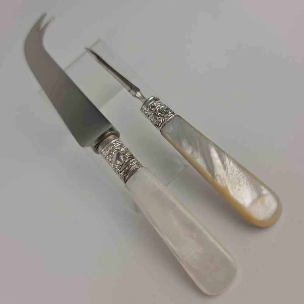 Antique Sheffield Mother of Pearl Cheese Knife & Nut Pick Silver Tone Ferrule